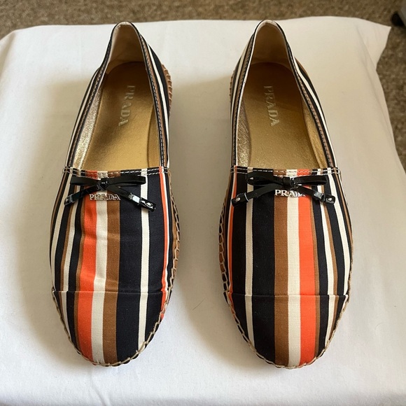 Prada Calzature Donna Tabacco/Arancio Striped Slip On Logo Espadrille Sz 38 NIB - Picture 5 of 16